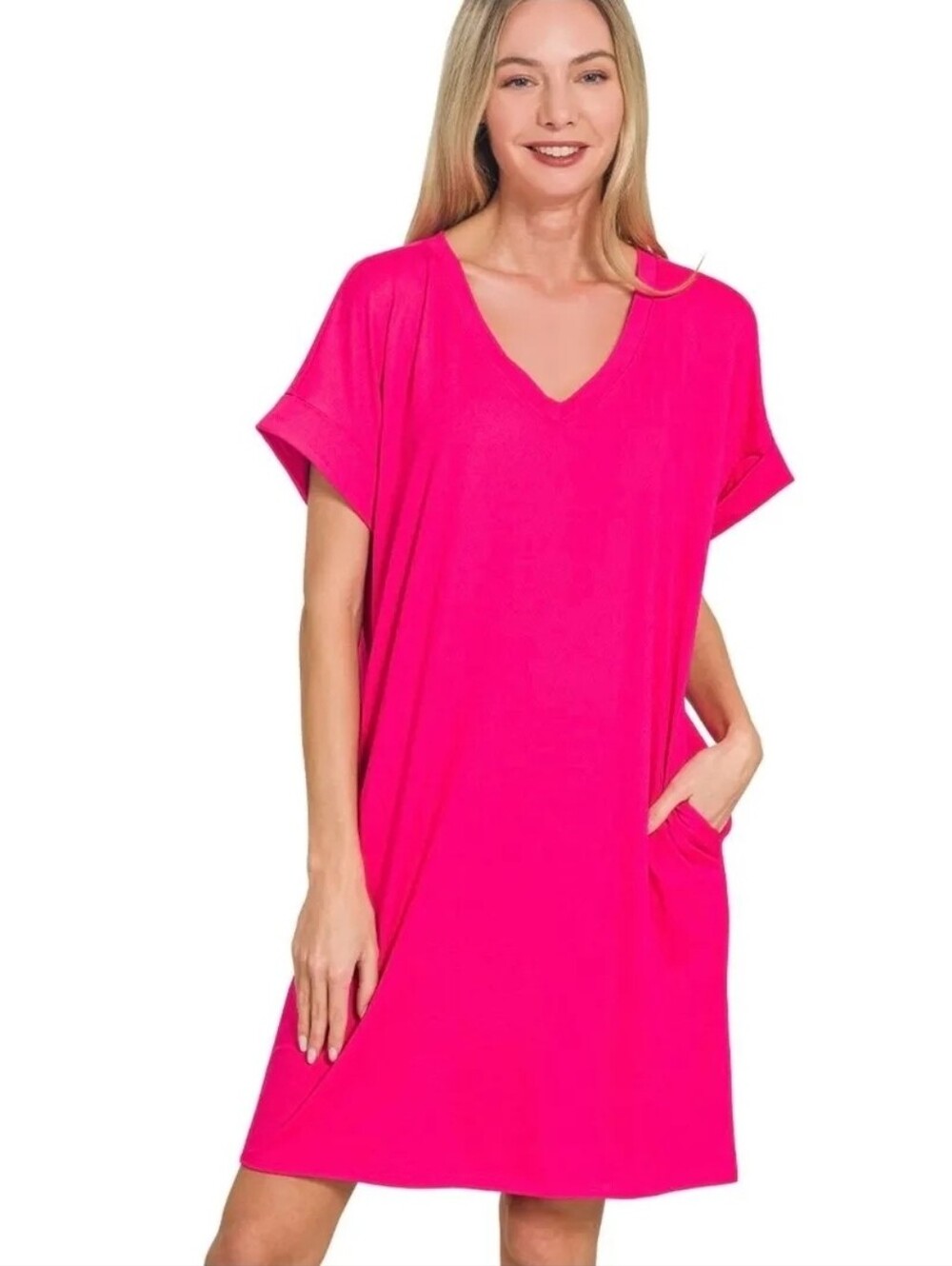 Zenana Women's V-Neck Hot Pink Dress